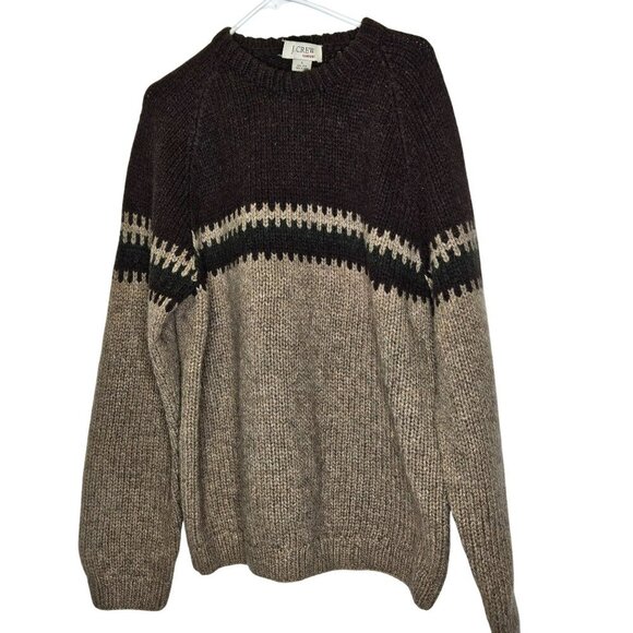 J.Crew Vintage Thick Handknit Wool Sweater L Brown Striped Fisherman Pullover - Picture 1 of 8